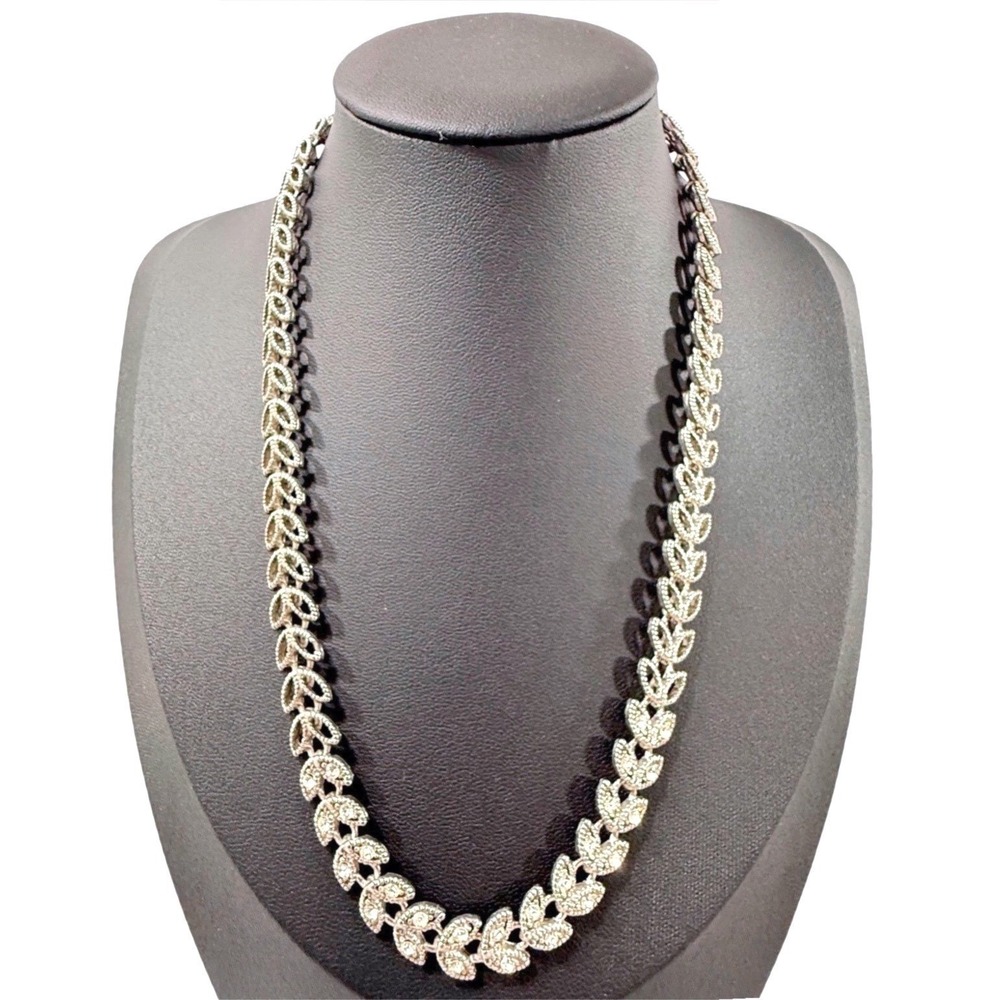 Elegant Leaf Necklace 17 in Silver Tone Rhinestones Jewelry